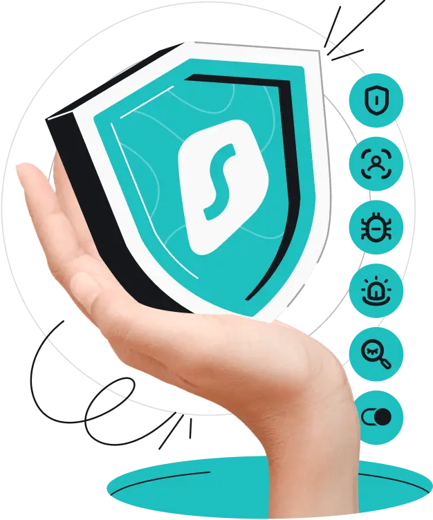 A hand holding a teal shield with Surfshark logo.
