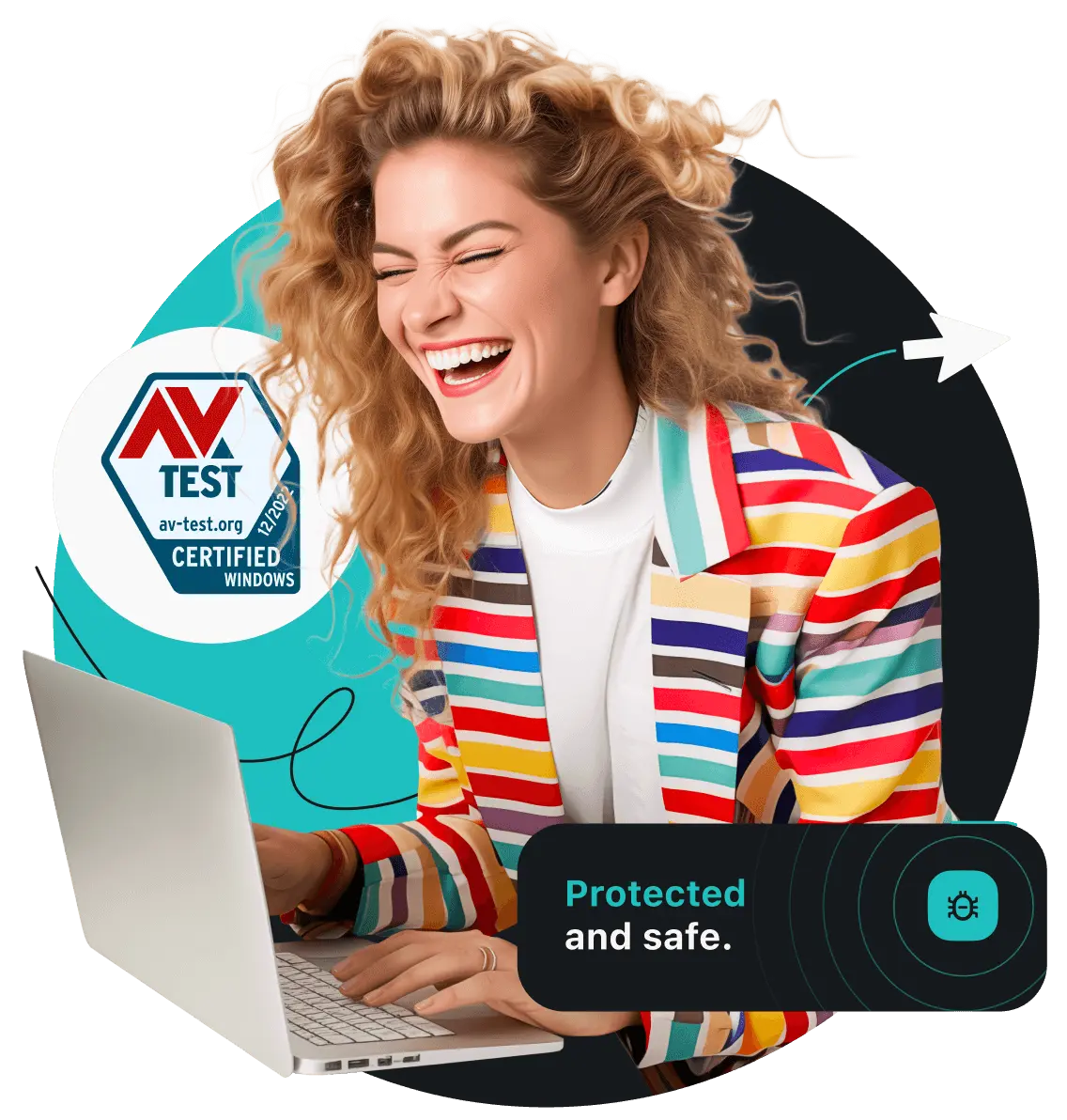 A laughing woman in a colored striped jacket is browsing on her laptop. AV test certification badge is on her left.