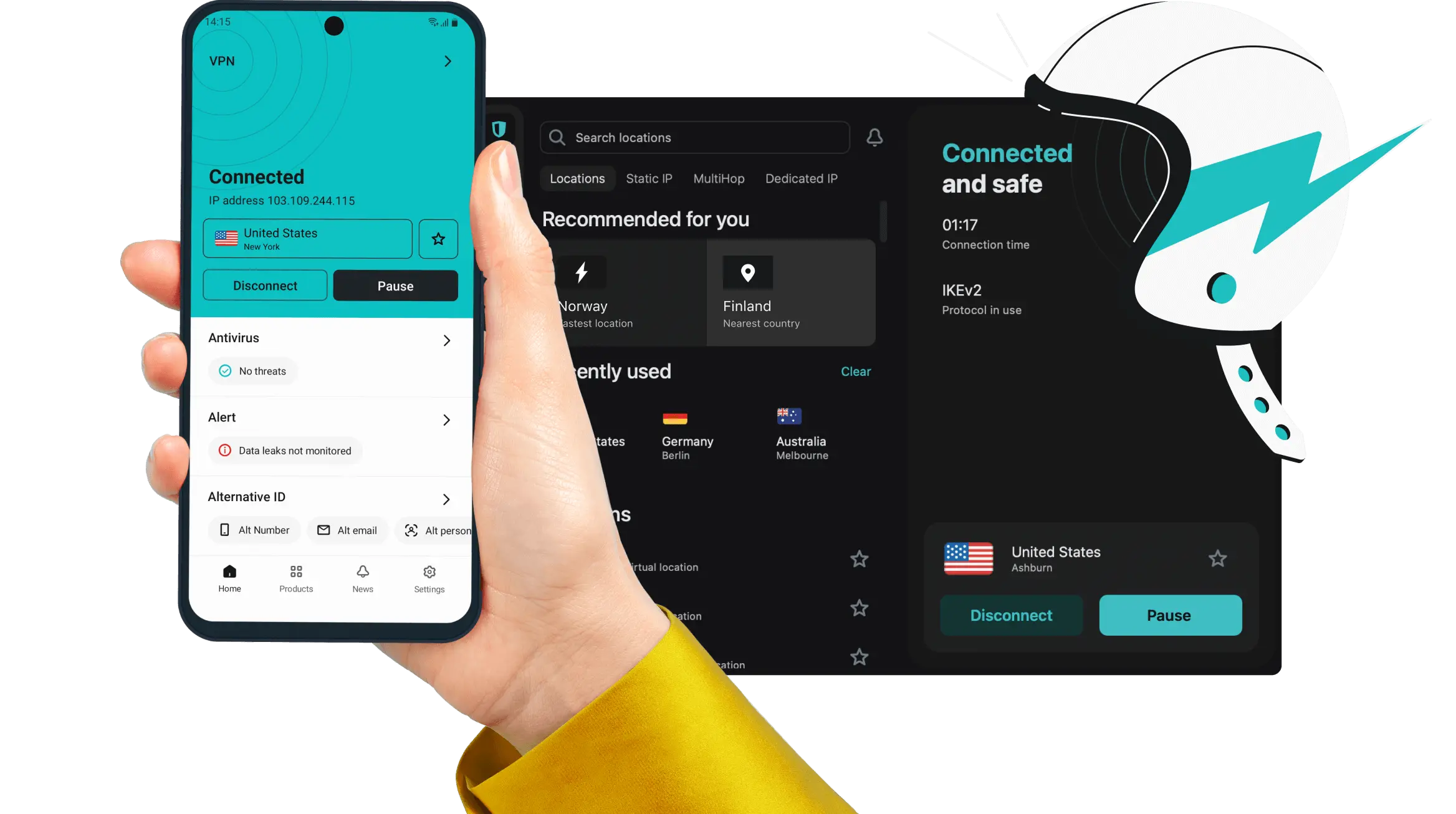 A hand holding a smartphone with an opened Surfshark app and app interface in the background.
