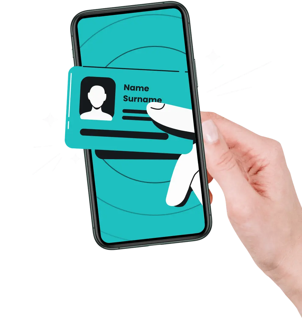 Een hand voor een groenblauwe achtergrond die een telefoon vasthoudt waar een ID-kaart uitkomt.