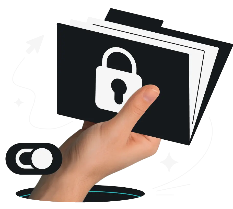 A hand holding a black file folder with a lock.