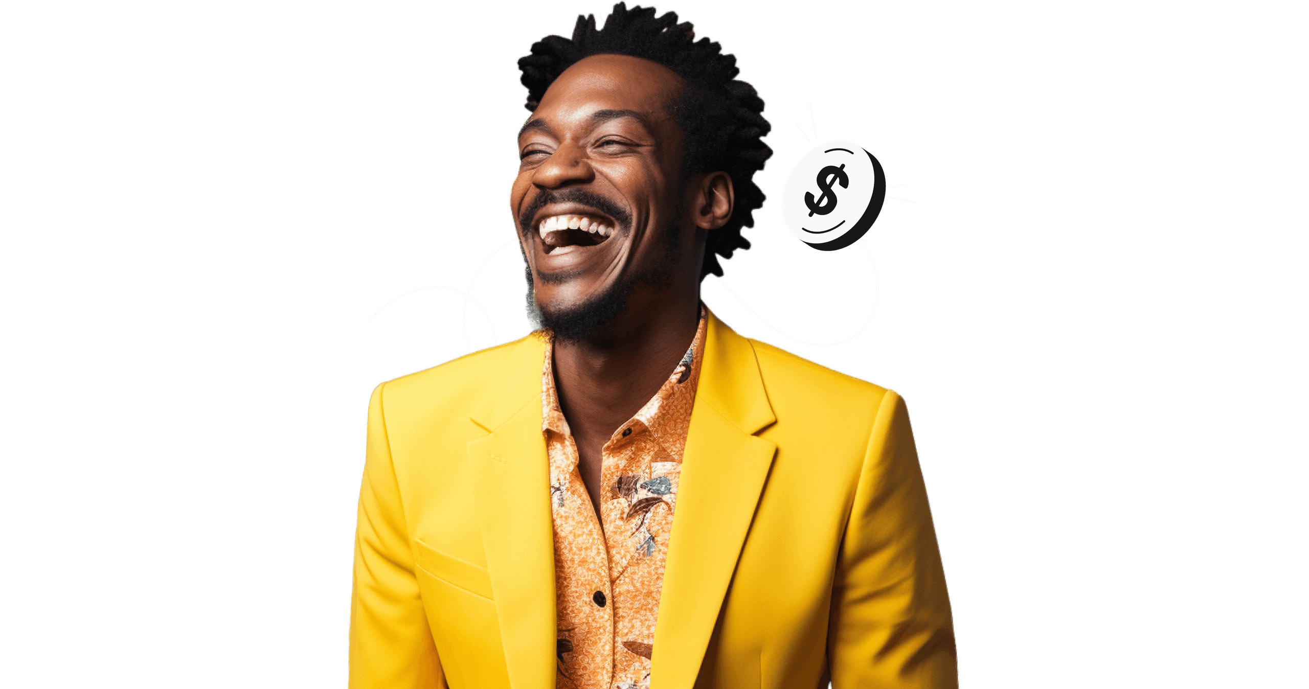 A laughing man in a yellow jacket.
