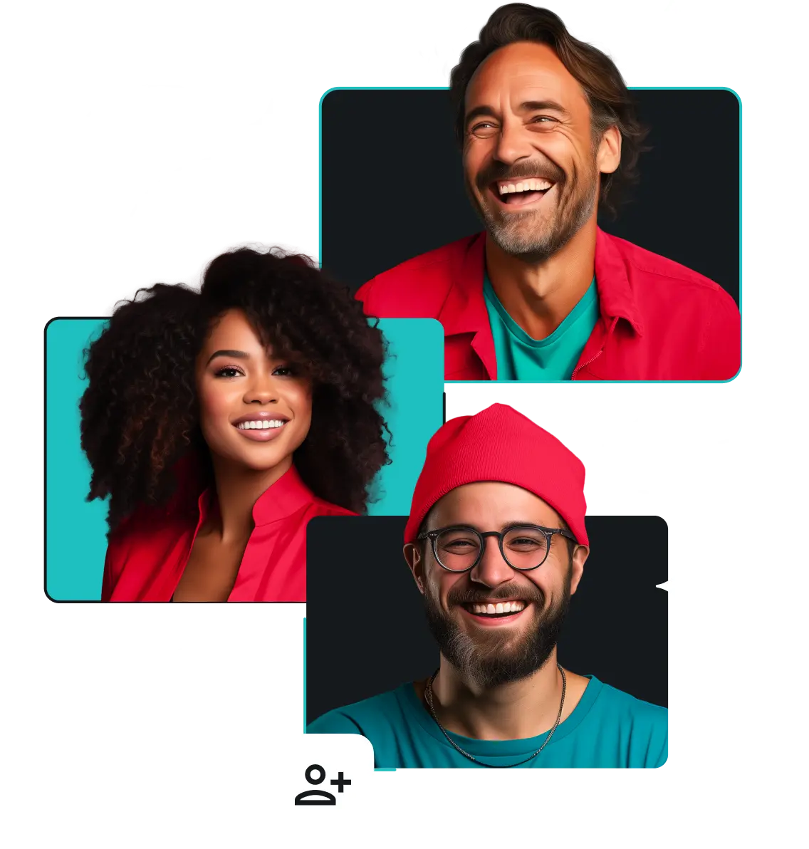 笑顔の男性2人と女性1人。男性の1人は赤いビニール帽をかぶり、眼鏡をかけている。