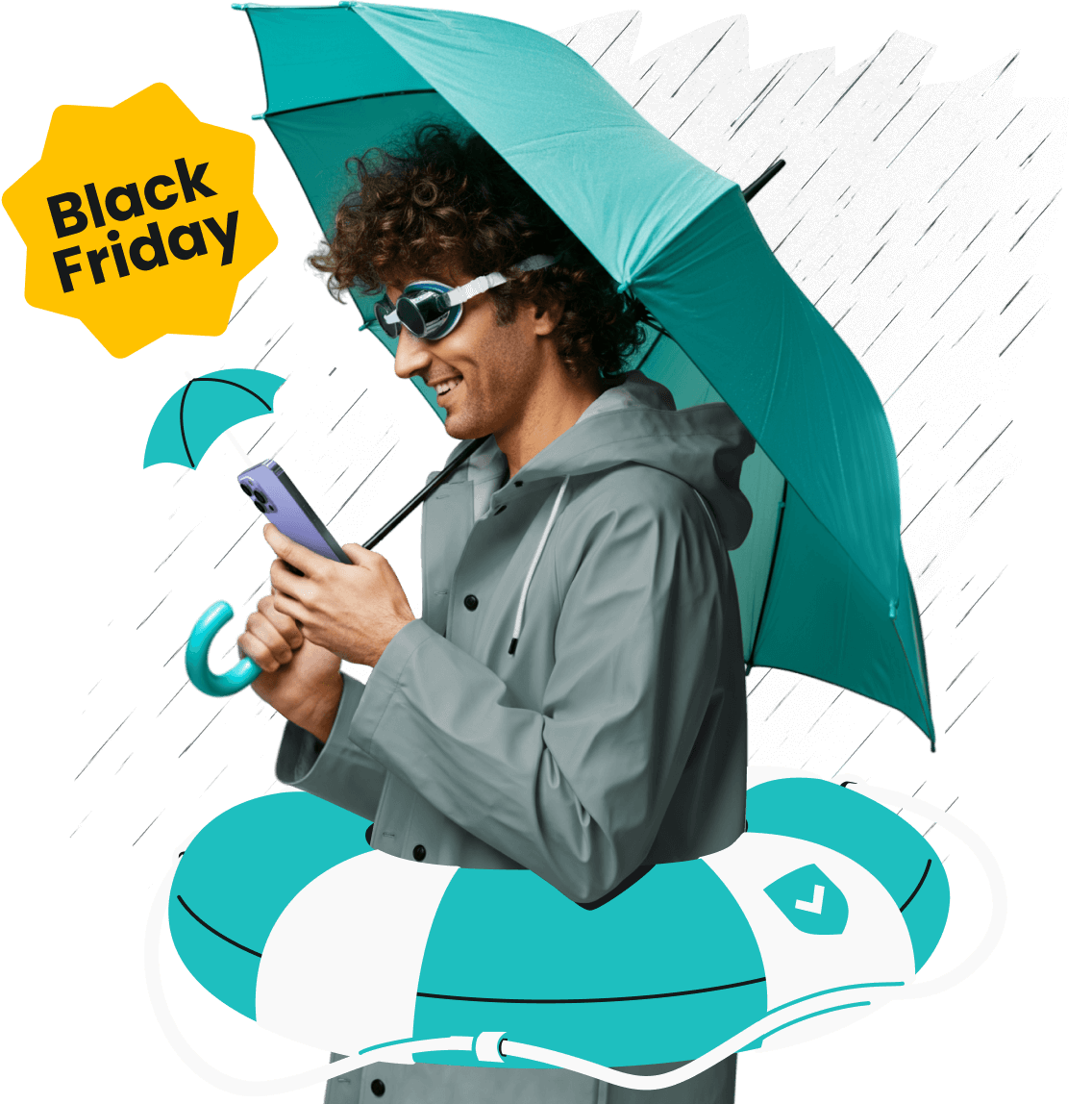 Lächelnder Mann im Regen in einem Rettungsring mit Schwimmbrille und Regenschirm, hält ein Telefon mit Regenschirm in der Hand, darüber ein Black-Friday-Emblem.