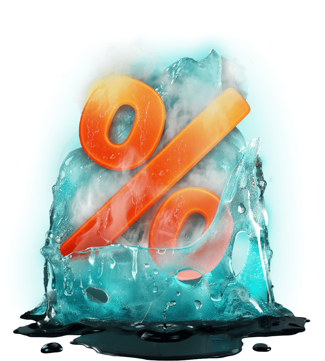 A red percentage sign inside an ice block, radiating heat and melting it from within.