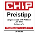 Ein quadratisches Abzeichen mit der Aufschrift „CHIP Preistipp-VPN 2024“ in deutscher Sprache