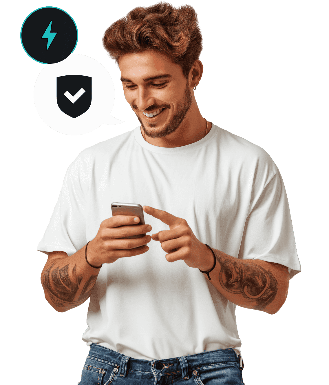 A smiling man in a white t shirt looking down at his phone, a speech bubble next to him with a check marked shield in it.