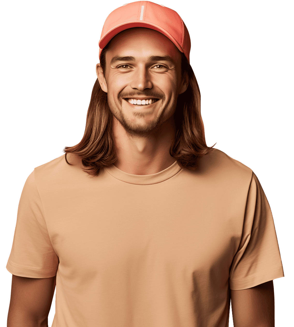 A smiling man with long hair, a beard, and an orange cap, the animated Sydney Opera House and lighthouse behind him.