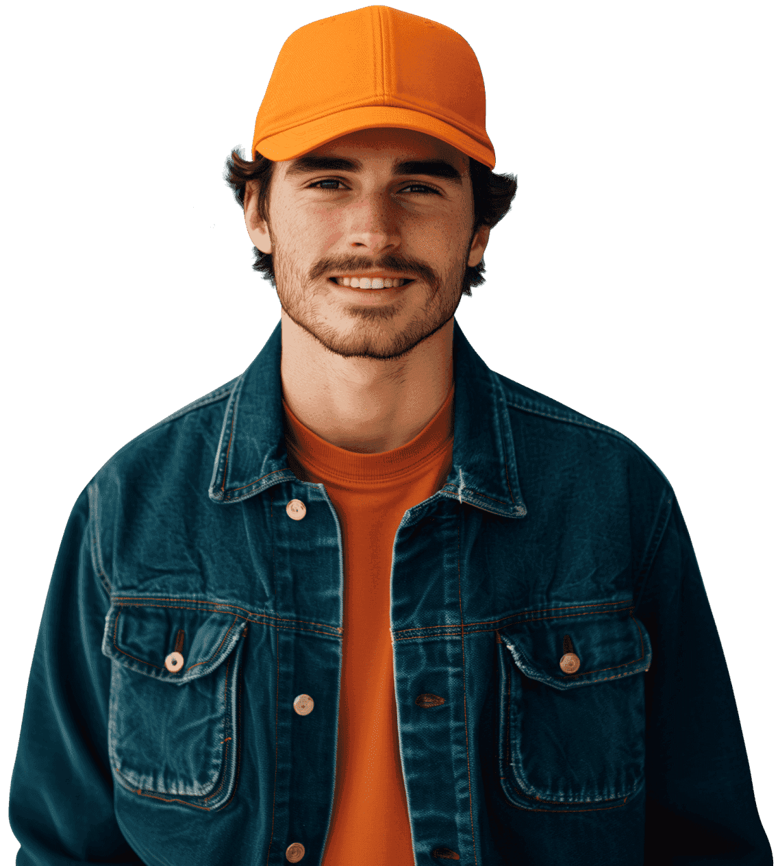 A smiling man with a beard and an orange cap, the animated CN tower and skyscrapers behind him.