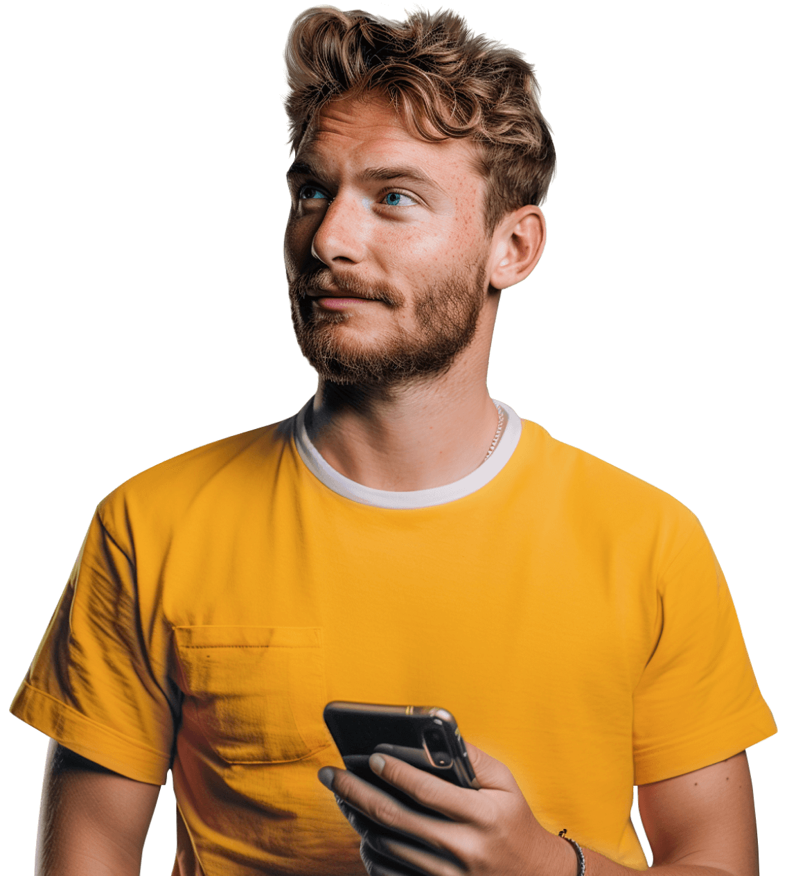 A man with blonde hair and a beard holding a phone, the animated Brandenburg gate behind him.