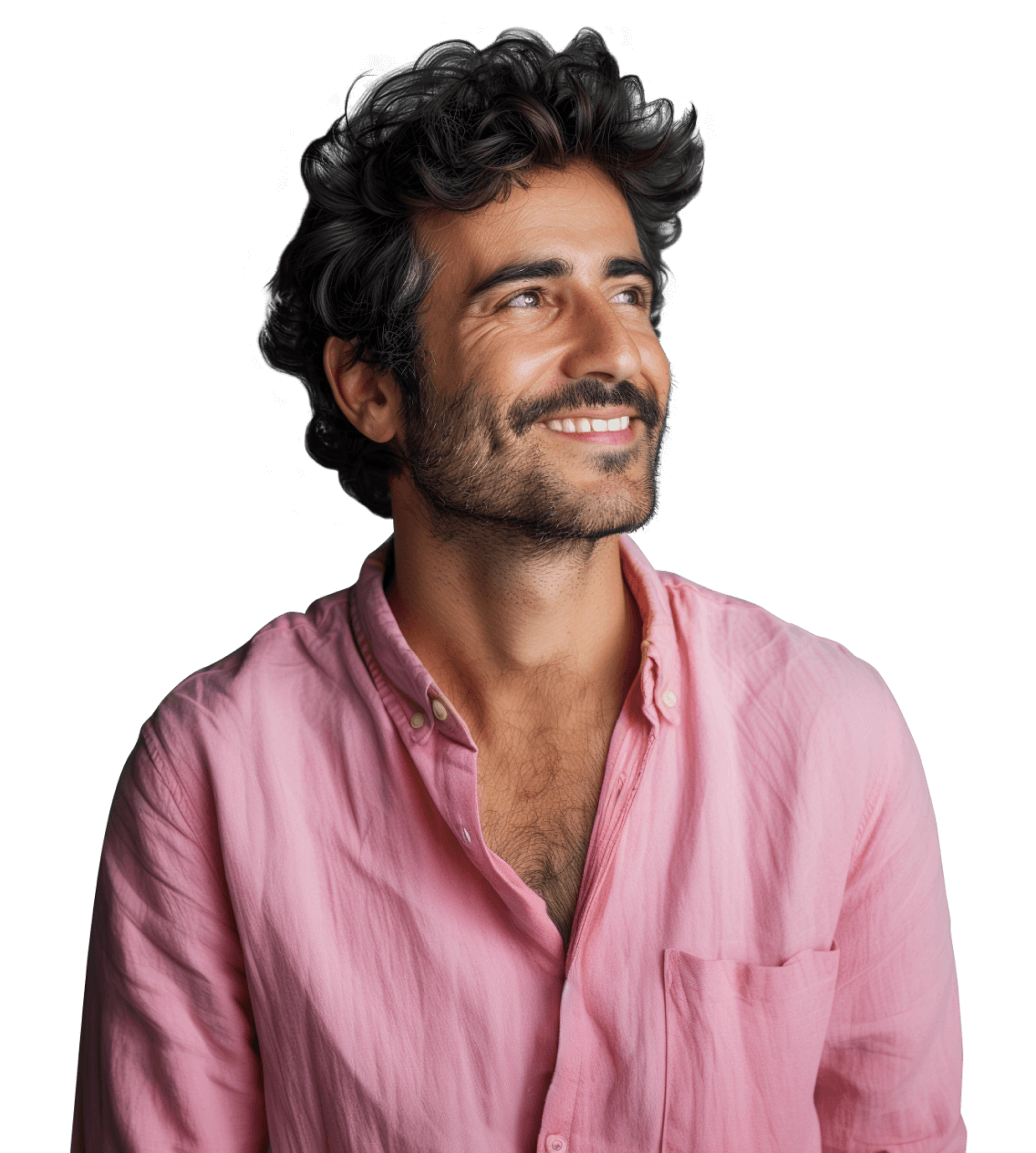 A smiling man with curly hair and a mustache looking up, the animated Colosseum behind him.