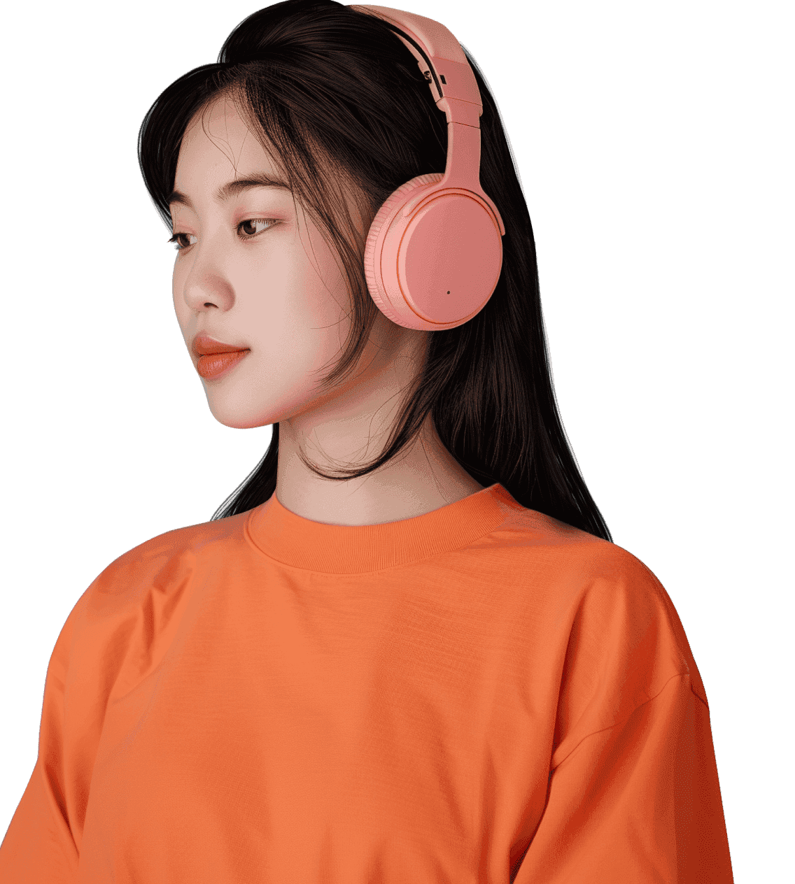 A girl in orange jumper with pink headphones, the animated Itsukushima Shrine and bird behind her.