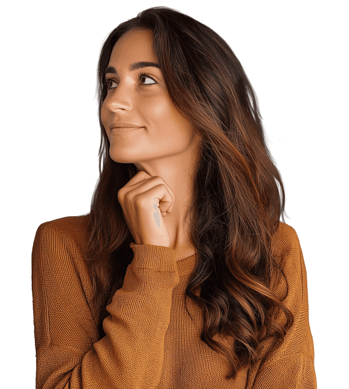 A woman with long wavy hair looking to the side, the animated Sagrada Familia behind her.