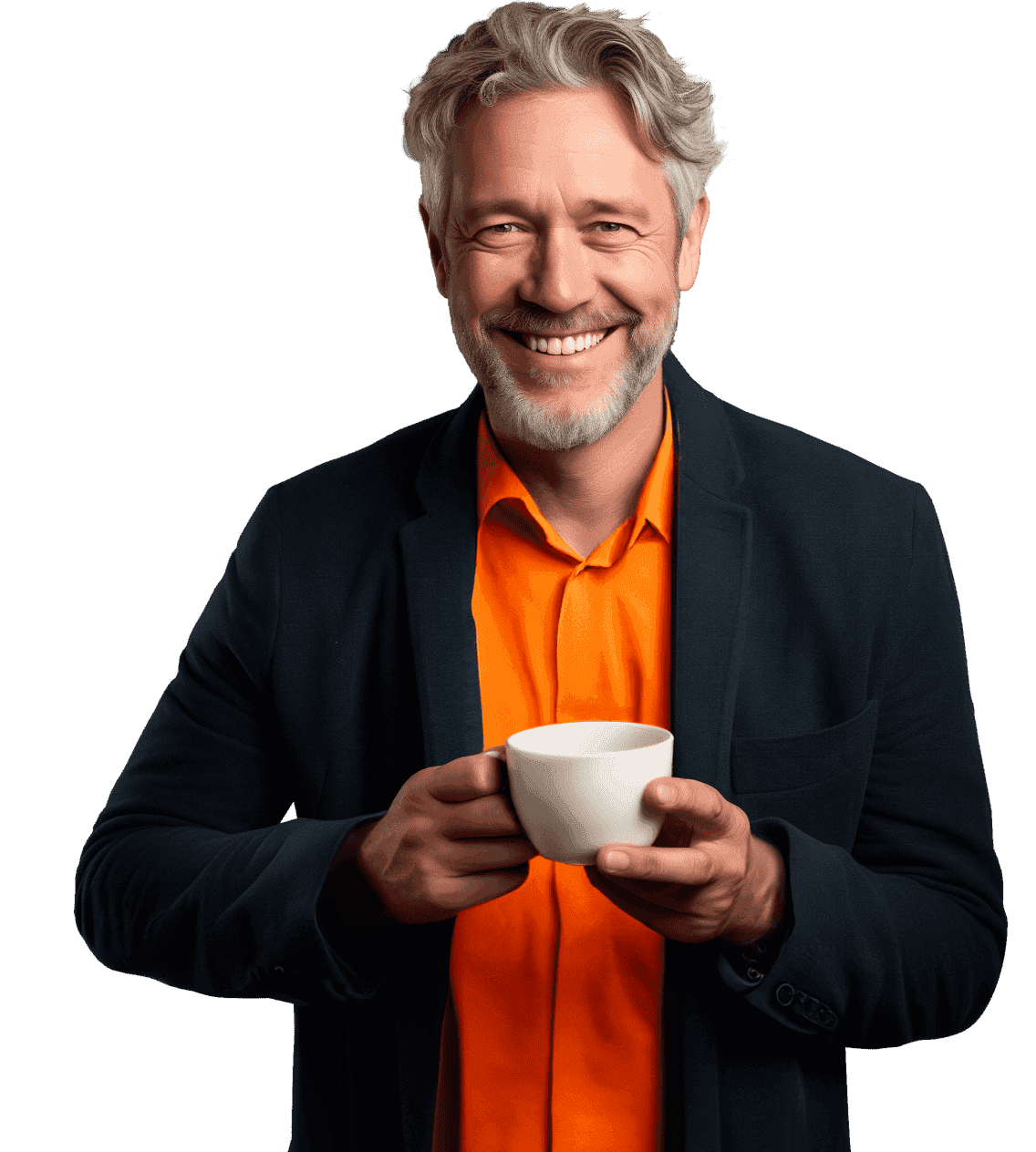 A smiling man with grey hair and a beard holding a cup, the animated Big Ben and London Eye behind him.