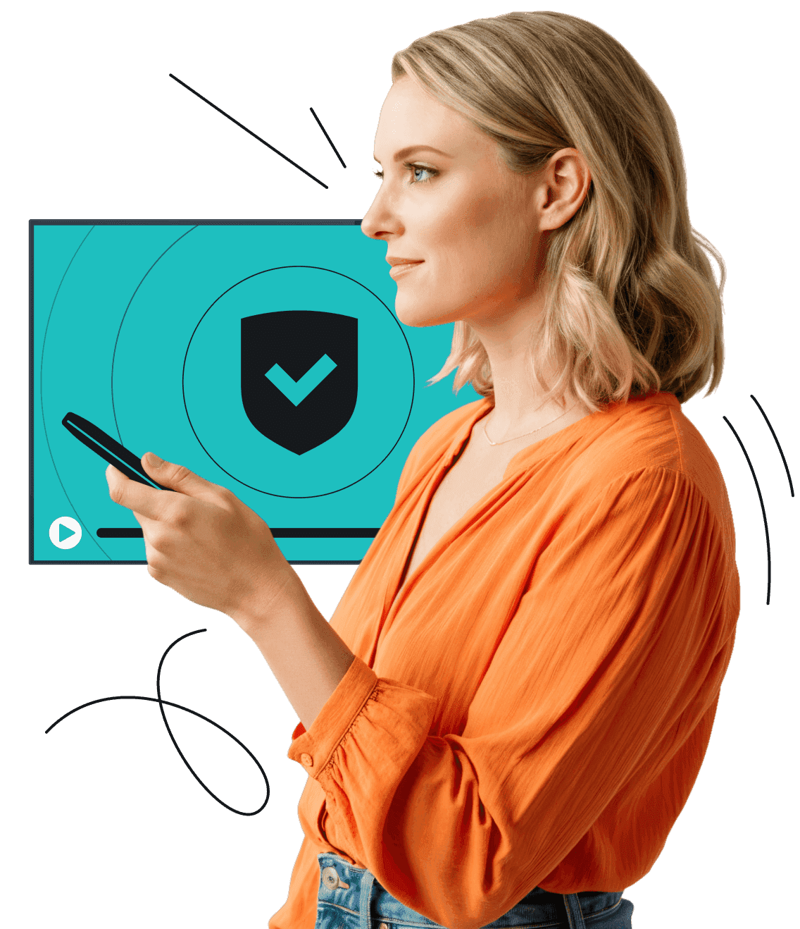 A woman with blonde hair in an orange blouse holding a TV remote, a TV with a shield and checkmark behind her