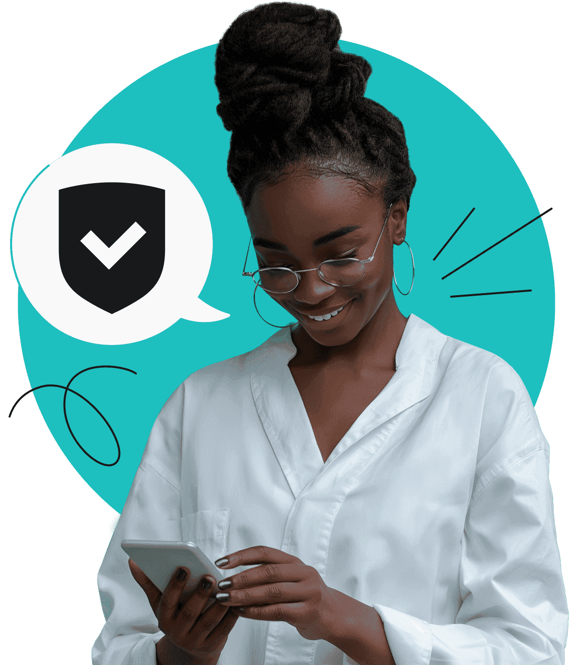 A smiling woman with glasses looking down at her phone, with a checkmarked shield in a speech bubble to her left