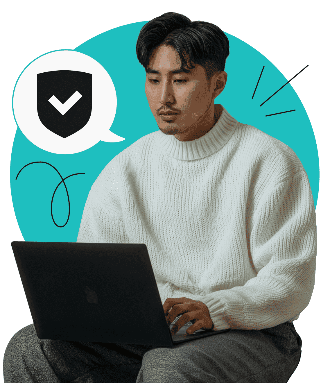 A man with a moustache and beard looking down at his laptop, and a checkmarked shield in a speech bubble to his left.