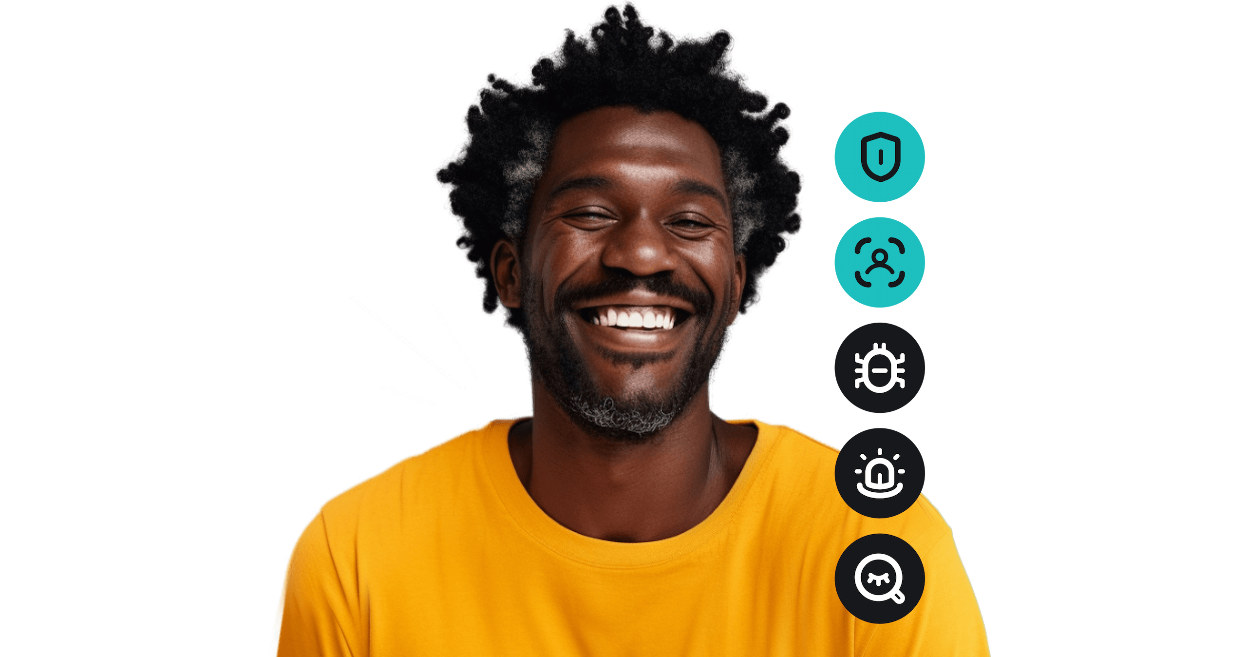 Eine lächelnde Person. Rechts daneben werden VPN-, Antivirus-, Alert- und Search-Symbole eingeblendet.