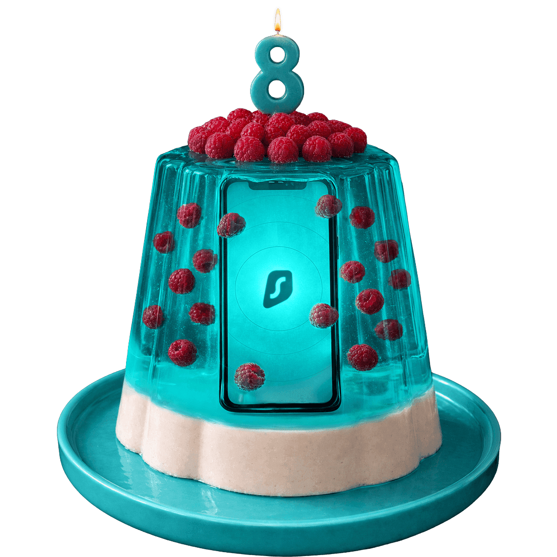 A smartphone with a Surfshark logo inside a teal jelly cake, with raspberries and a lit number 8 candle on top.