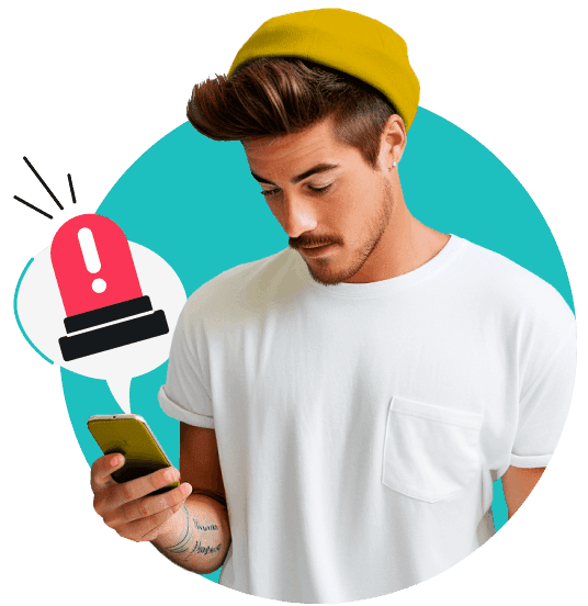 Um homem com um gorro amarelo e um celular na mão. Um balão de diálogo com uma luz de polícia vermelha emerge do celular.