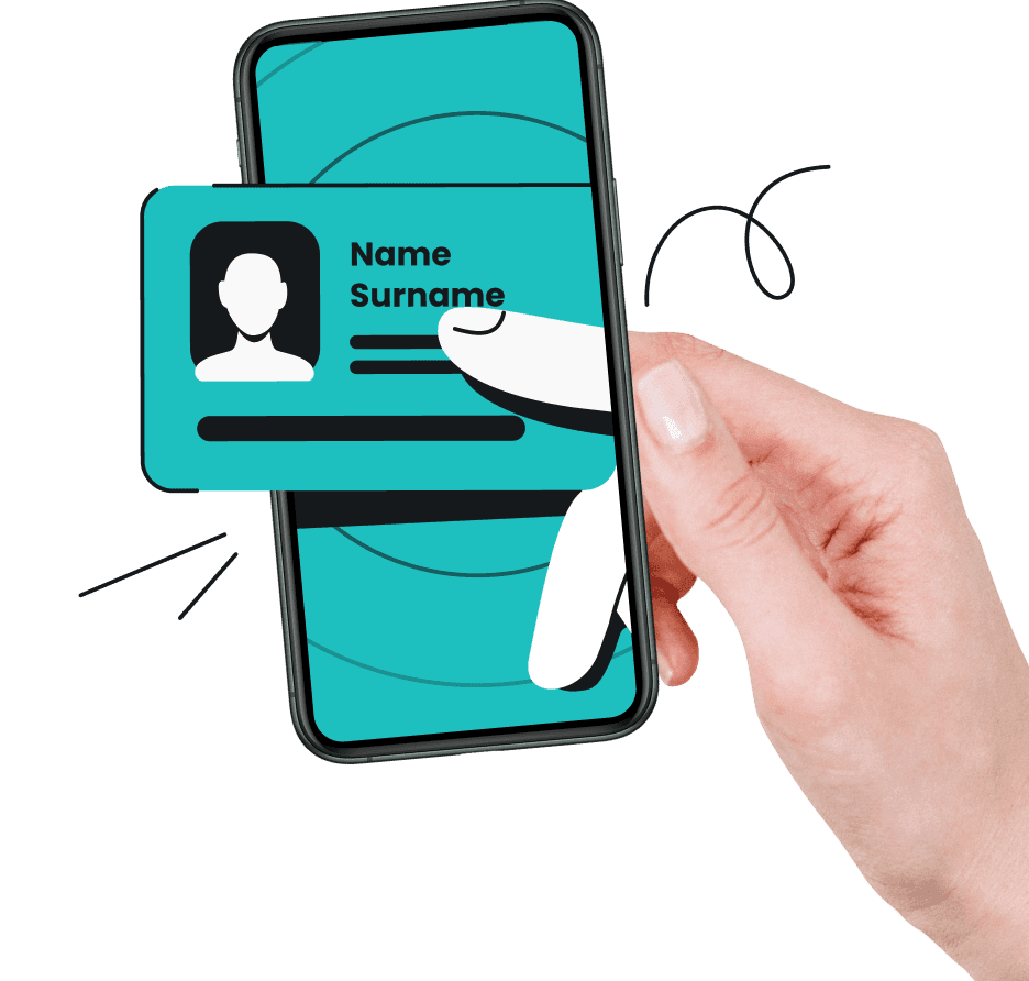 Una mano che entra nello schermo di un telefono, con due dita animate che tengono una scheda con nome e cognome