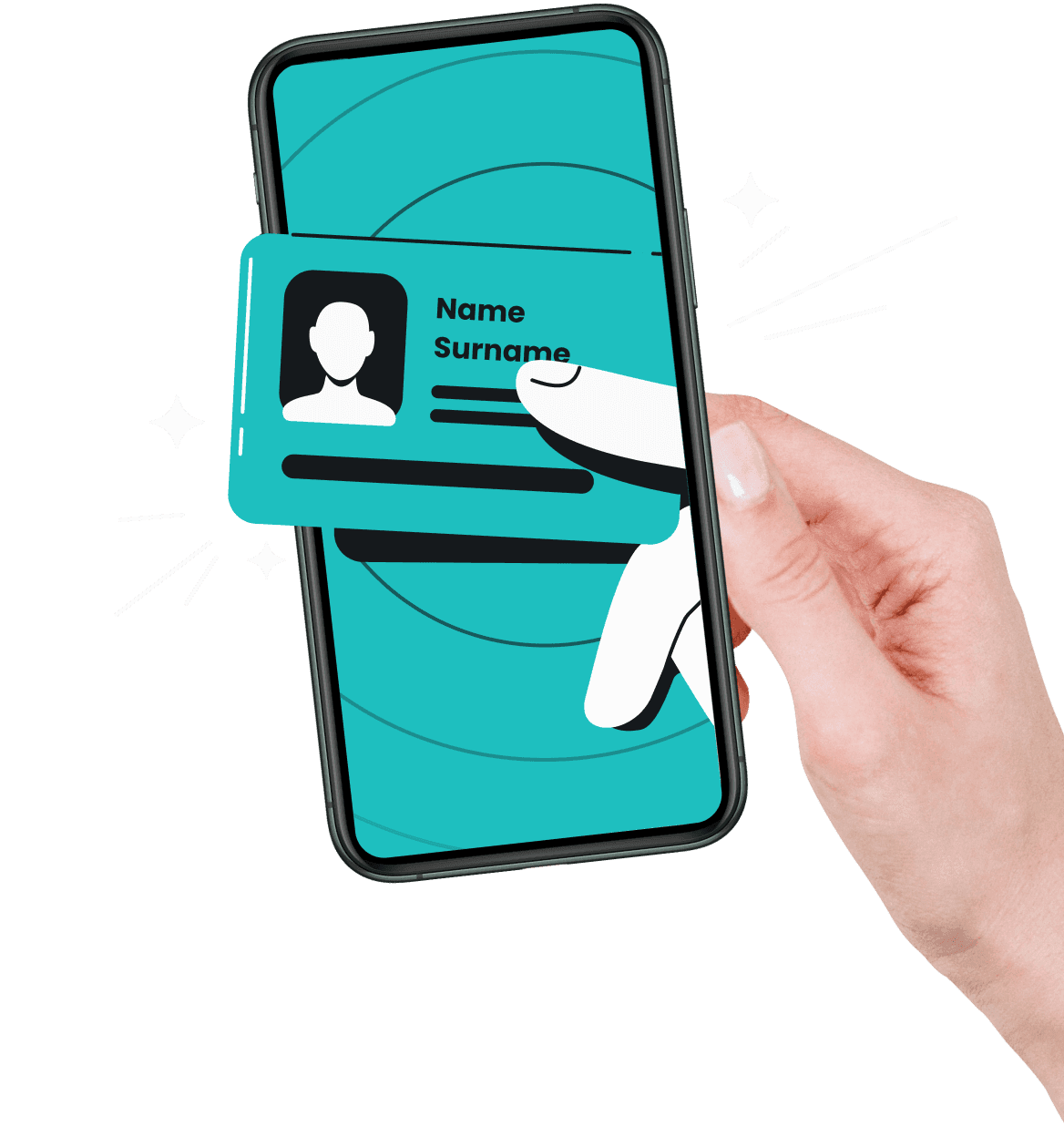 Uma mão entrando em uma tela de celular, com dois dedos animados segurando um cartão com nome e sobrenome