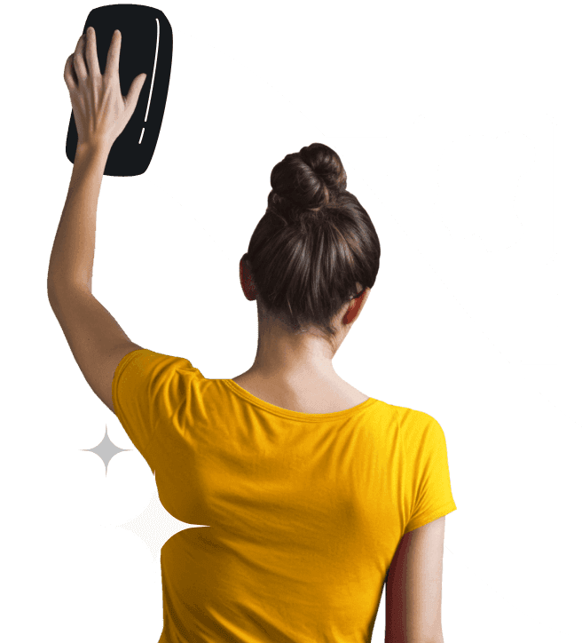 A hand entering a phone screen, with two of its animated fingers holding a name and surname card