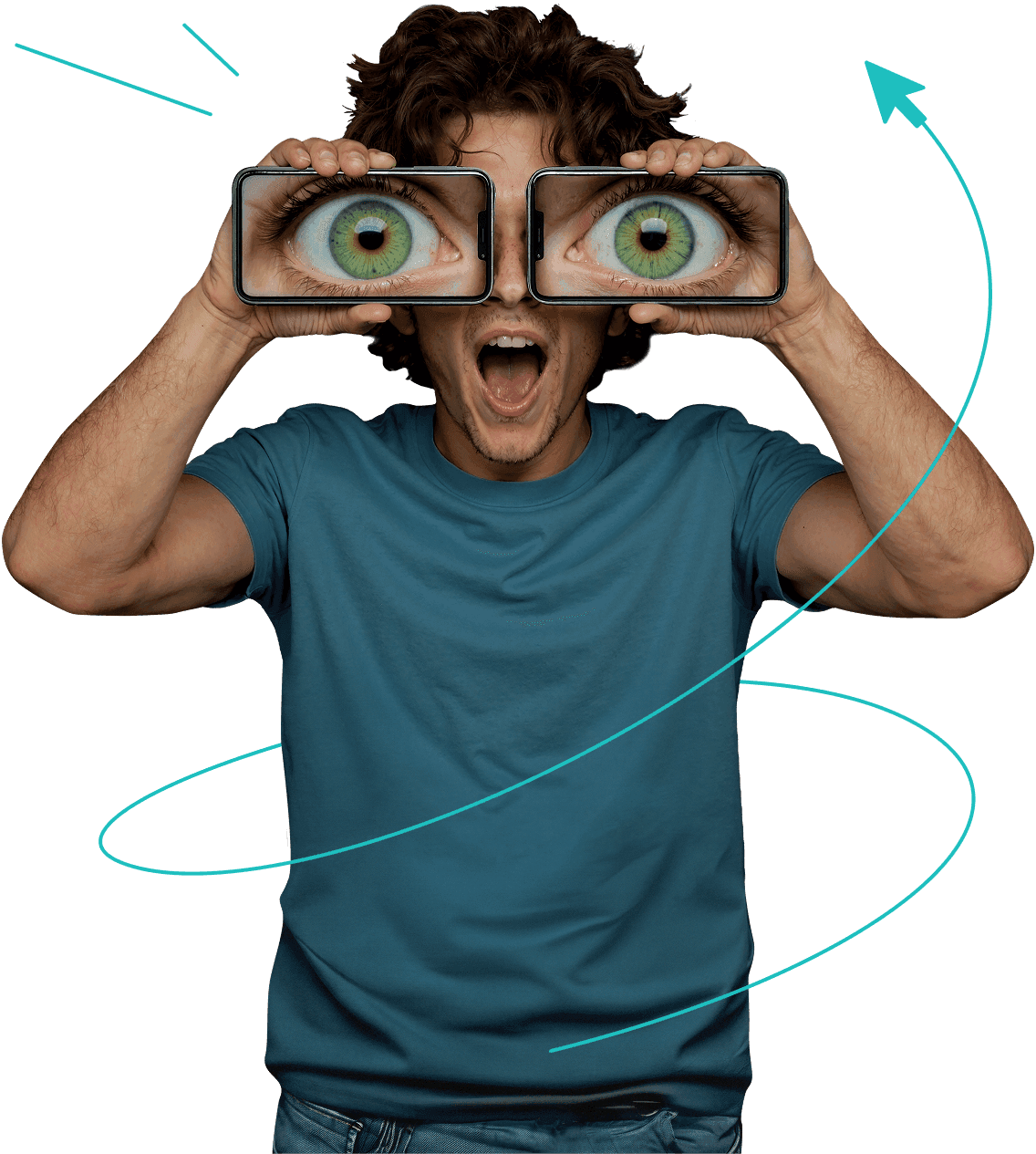 각각 눈을 확대해서 보여주는 화면이 있는 두 개의 스마트폰을 자신의 눈 앞에 들고 있는 남성.