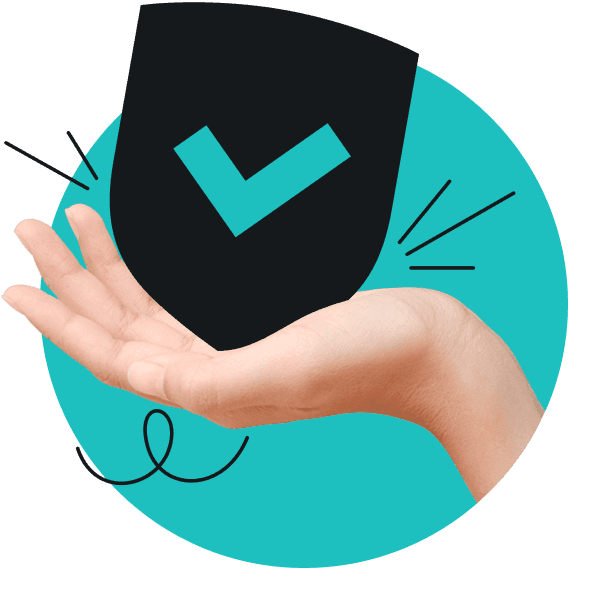 Una mano que sostiene un escudo negro con una marca de validación turquesa.