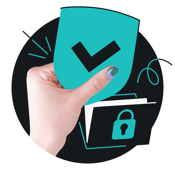 一只手拿着一个带有黑色勾号的蓝绿色盾牌，背景是一个上锁的文件夹。