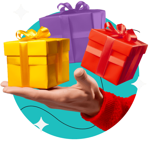 A hand holding yellow, red, and purple gift boxes.