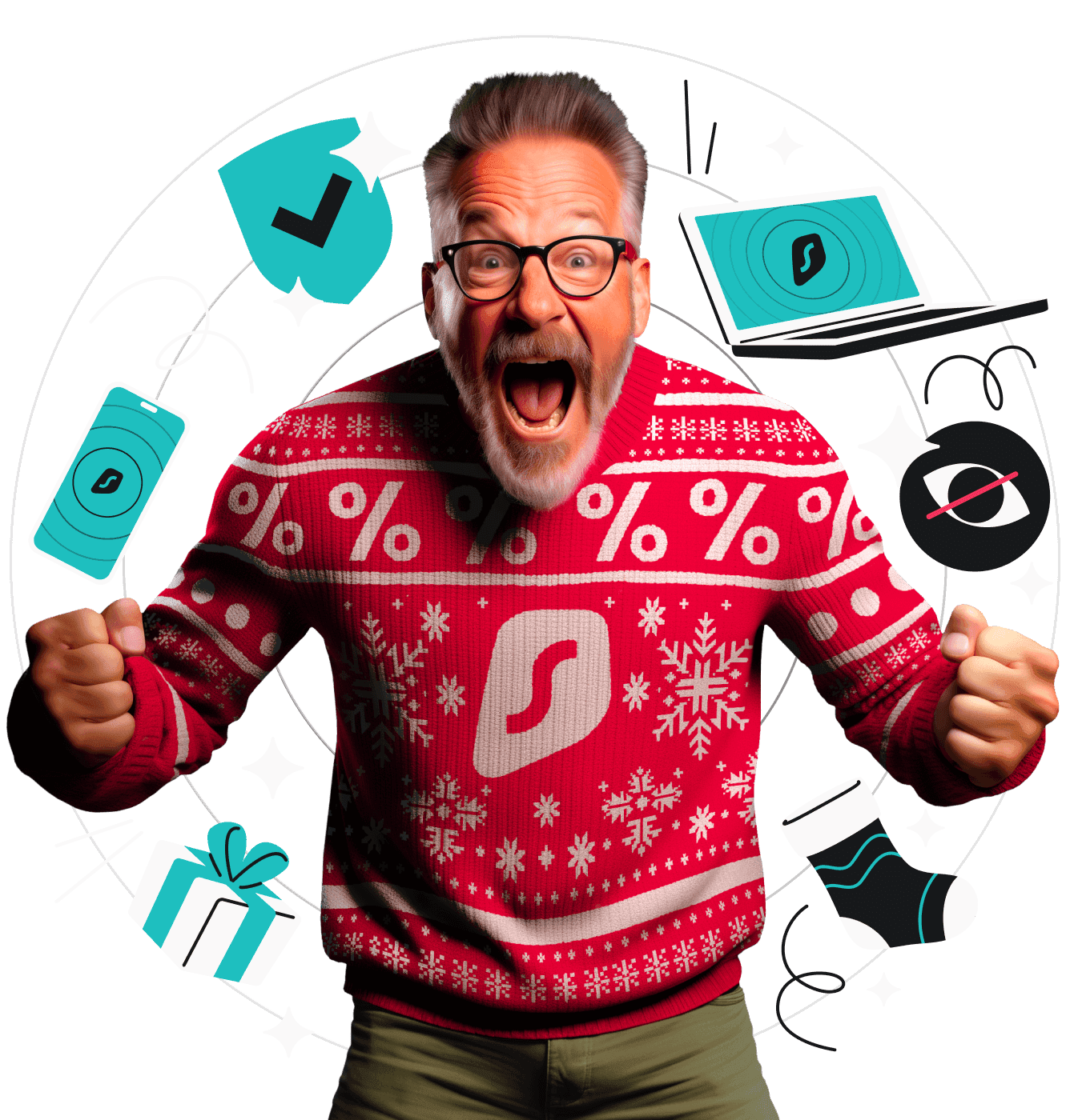 A screaming man in a red Christmas sweater with a Surfshark logo.