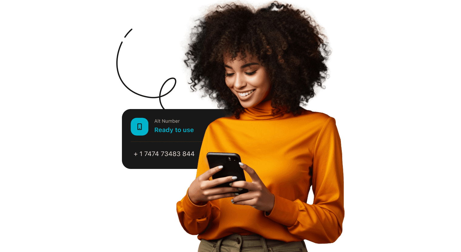 Усміхнена жінка в помаранчевому светрі з високим коміром дивиться на свій смартфон. Позаду неї — поле з підтвердженням того, що альтернативний номер готовий до використання.