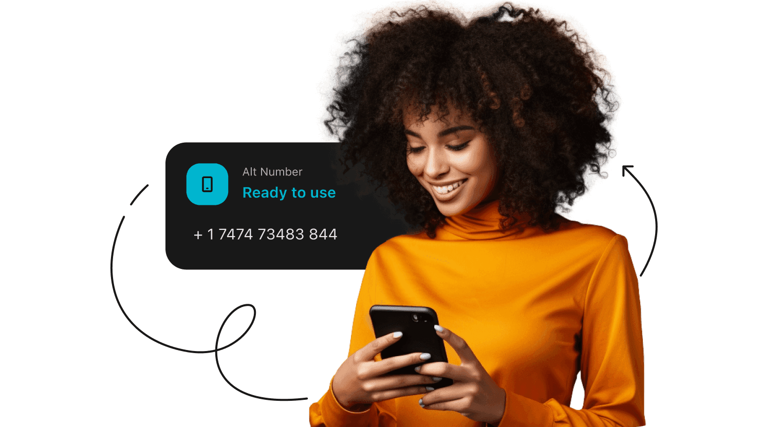Une femme souriante vêtue d’un col roulé orange regarde son téléphone. Une boite avec un alternative number prêt à l’emploi se trouve derrière.