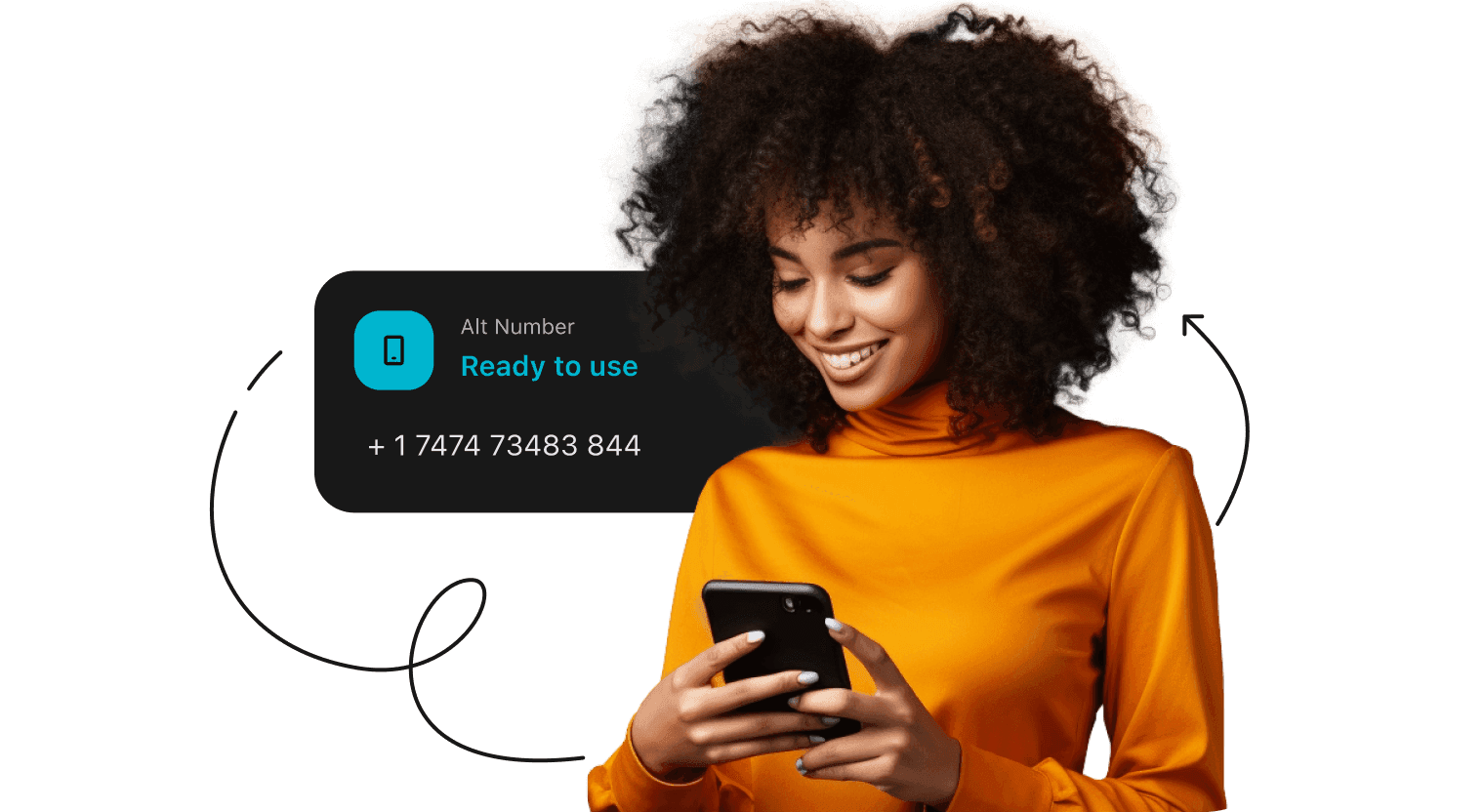 Улыбающаяся женщина в оранжевой водолазке смотрит на свой смартфон. Позади нее — поле с подтверждением о том, что альтернативный номер готов к использованию.