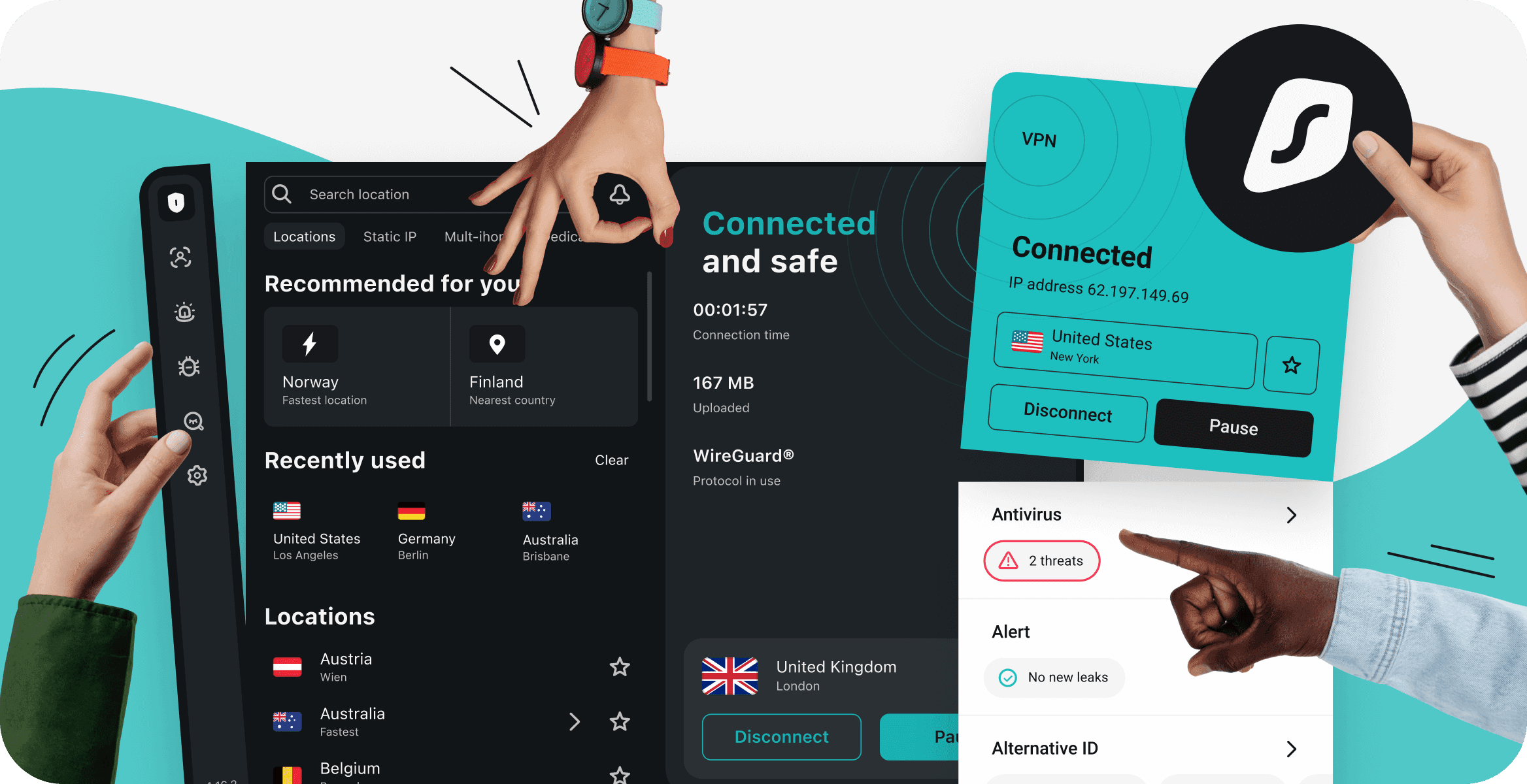 Interfaccia dell'app di Surfshark con diverse schede, circondata da mani che fanno gesti e sostengono il logo di Surfshark.