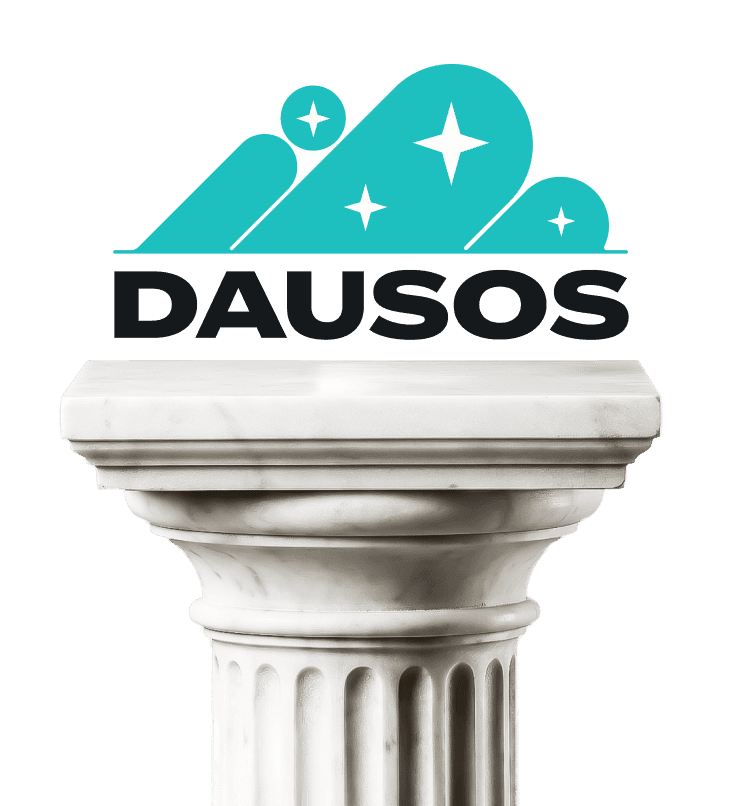 Logo DAUSOS de Surfshark représentant des formes abstraites bleu sarcelle et des étoiles au-dessus d’un socle en marbre, sur fond noir.