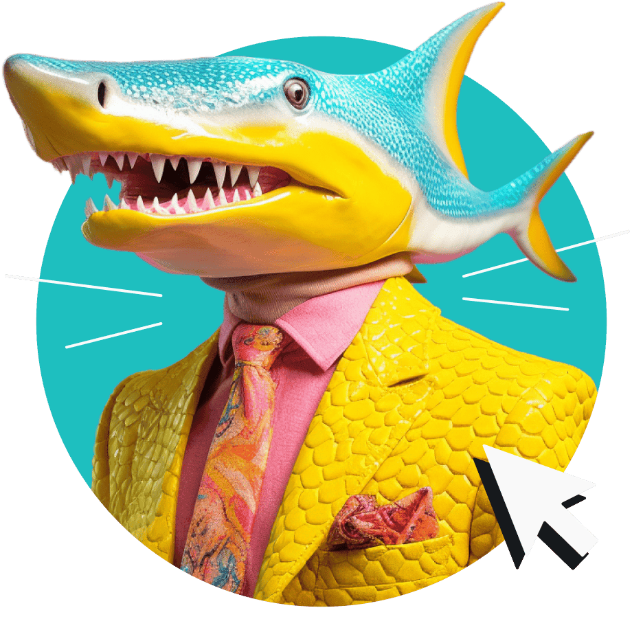 A shark wearing a brightly-colored yellow suit with a cursor hovering over it