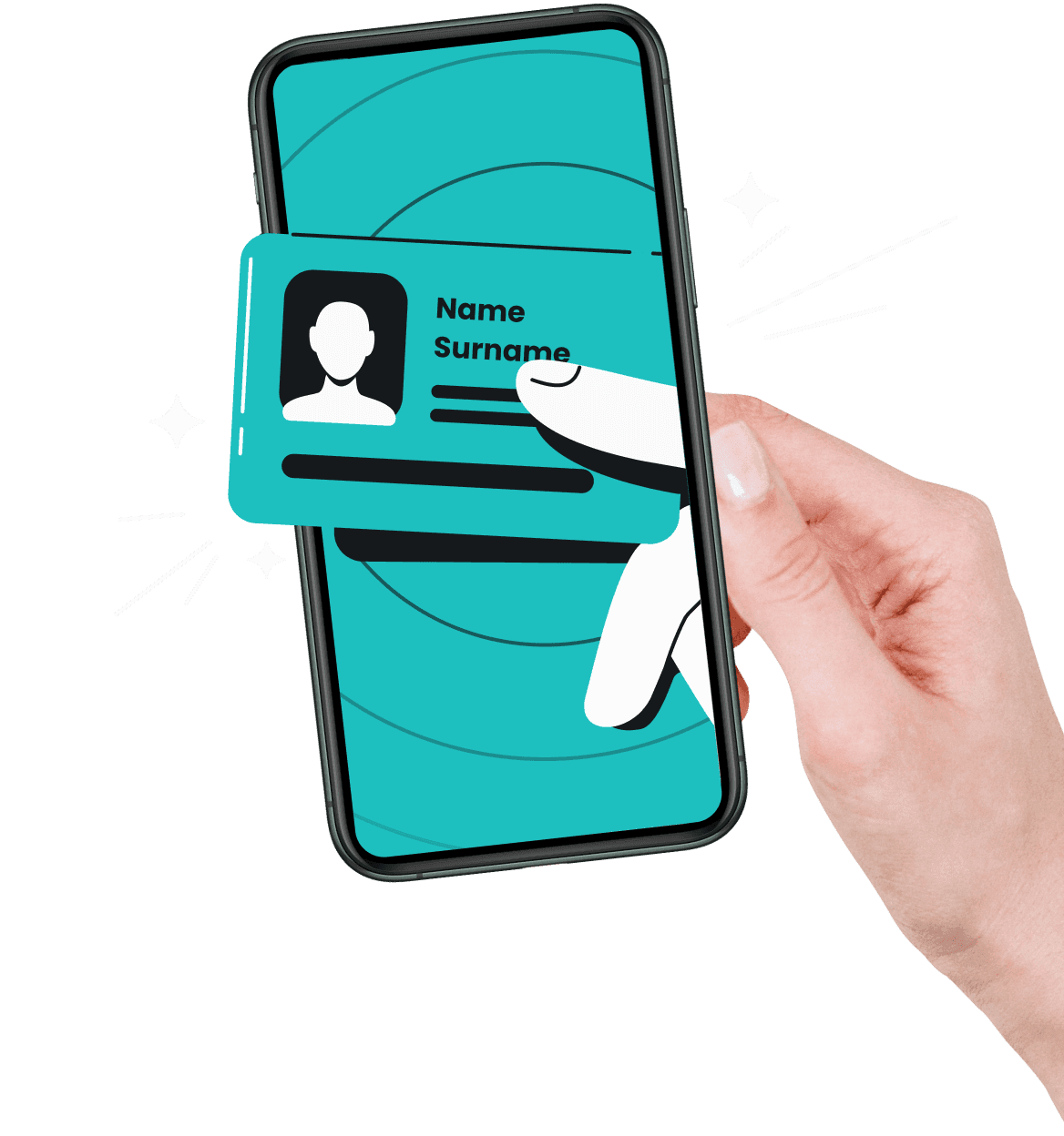 Açık mavi akıllı telefonun içinde Alternative ID kartını tutan bir el. Kartın üzerinde ad ve soyadı yazılı.
