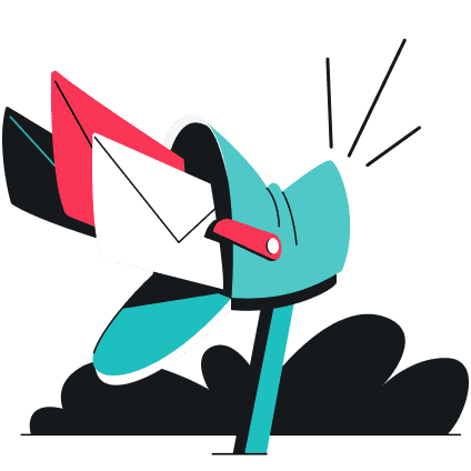 Une boîte aux lettres bleu canard ouverte remplie d’enveloppes noires, rouges et blanches. Un buisson noir se trouve derrière la boîte aux lettres.