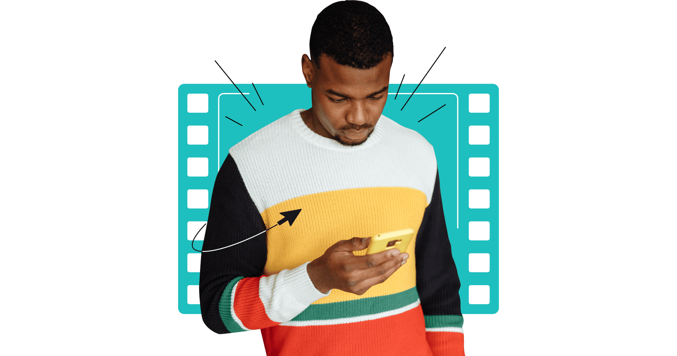 カラフルな縞模様のセーターを着ている男性が、黄色のスマートフォンを見ている。
