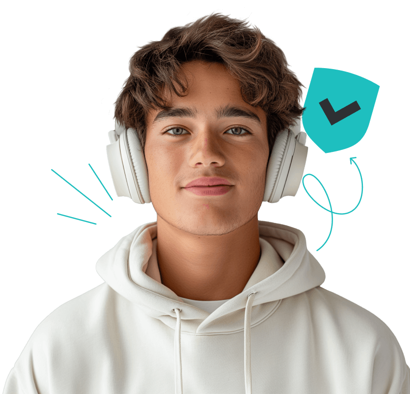 A young man with headphones and a shield with a checkmark in the background.