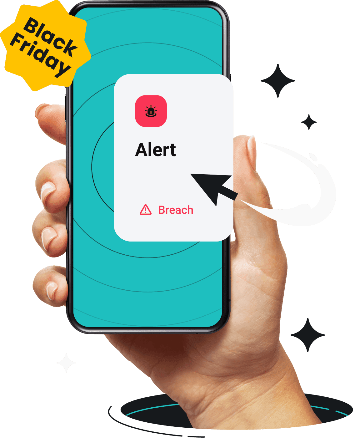 A hand is holding a phone with Surfshark Alert on its screen.