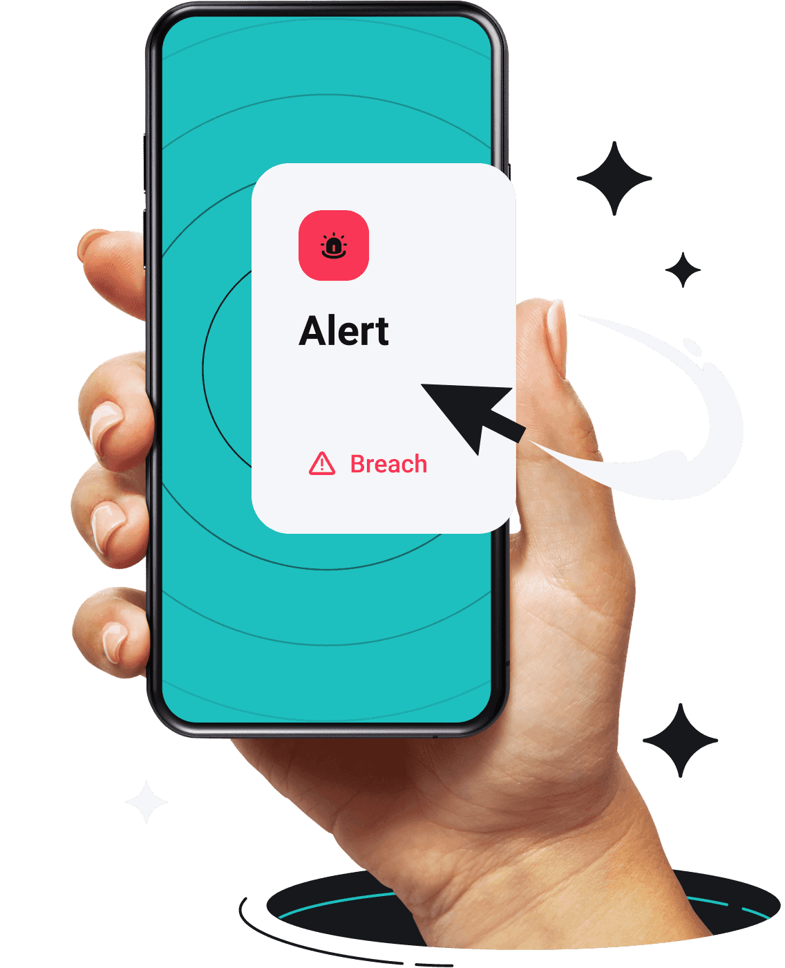 Een hand houdt een telefoon vast met Surfshark Alert op het scherm.