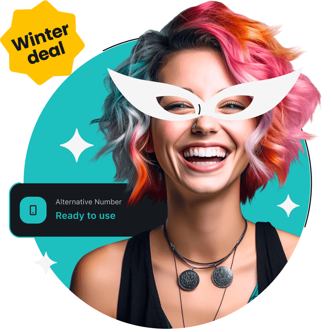 A smiling woman with colorful hair and white glasses; behind her are a box with an alternative number.