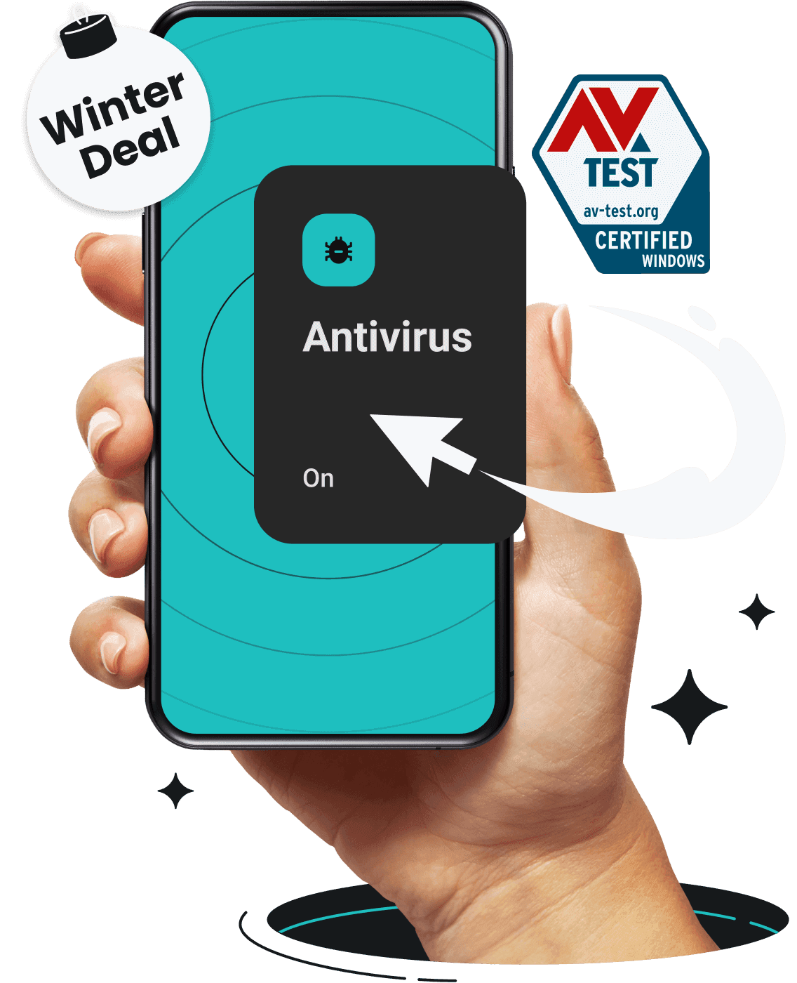 A hand is holding a phone with Surfshark Antivirus on its screen.