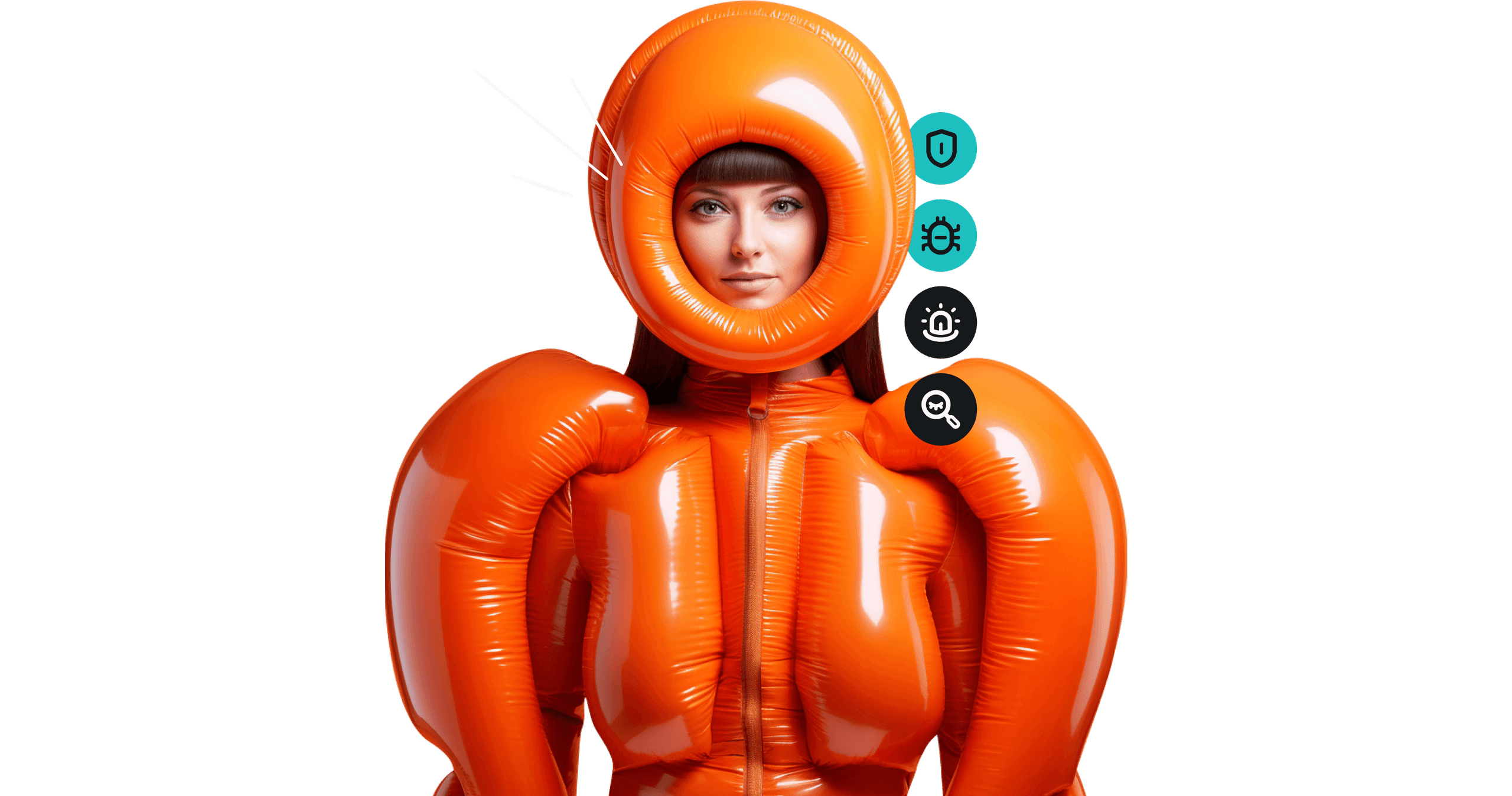 Oranssiin ilmapallopukuun ja ilmapallokypärään pukeutunut nainen.