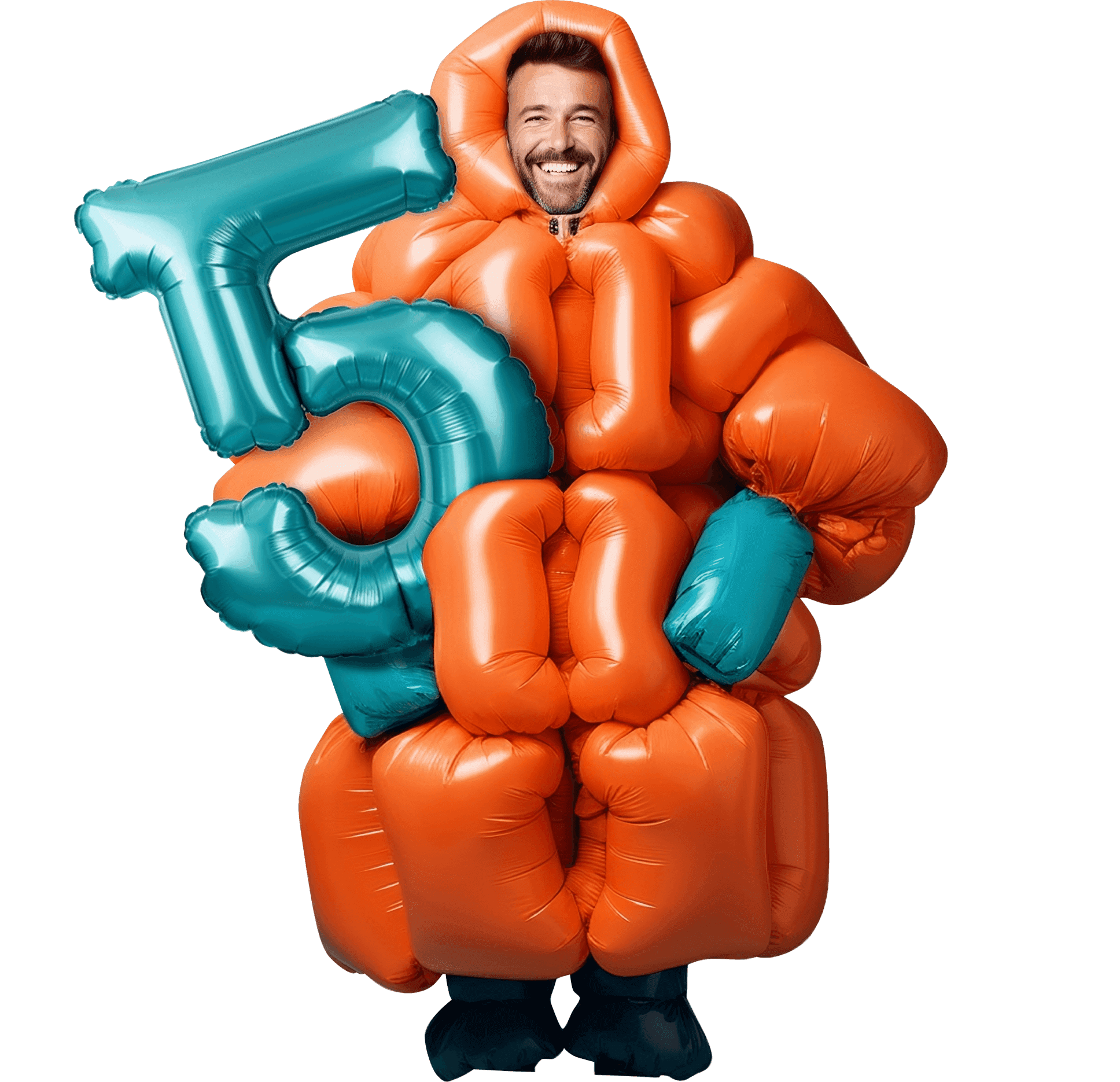 Een man in een oranje pak gemaakt van ballonnen met een ballon in de vorm van een 5 met een Black Friday-badge op zijn schouder.