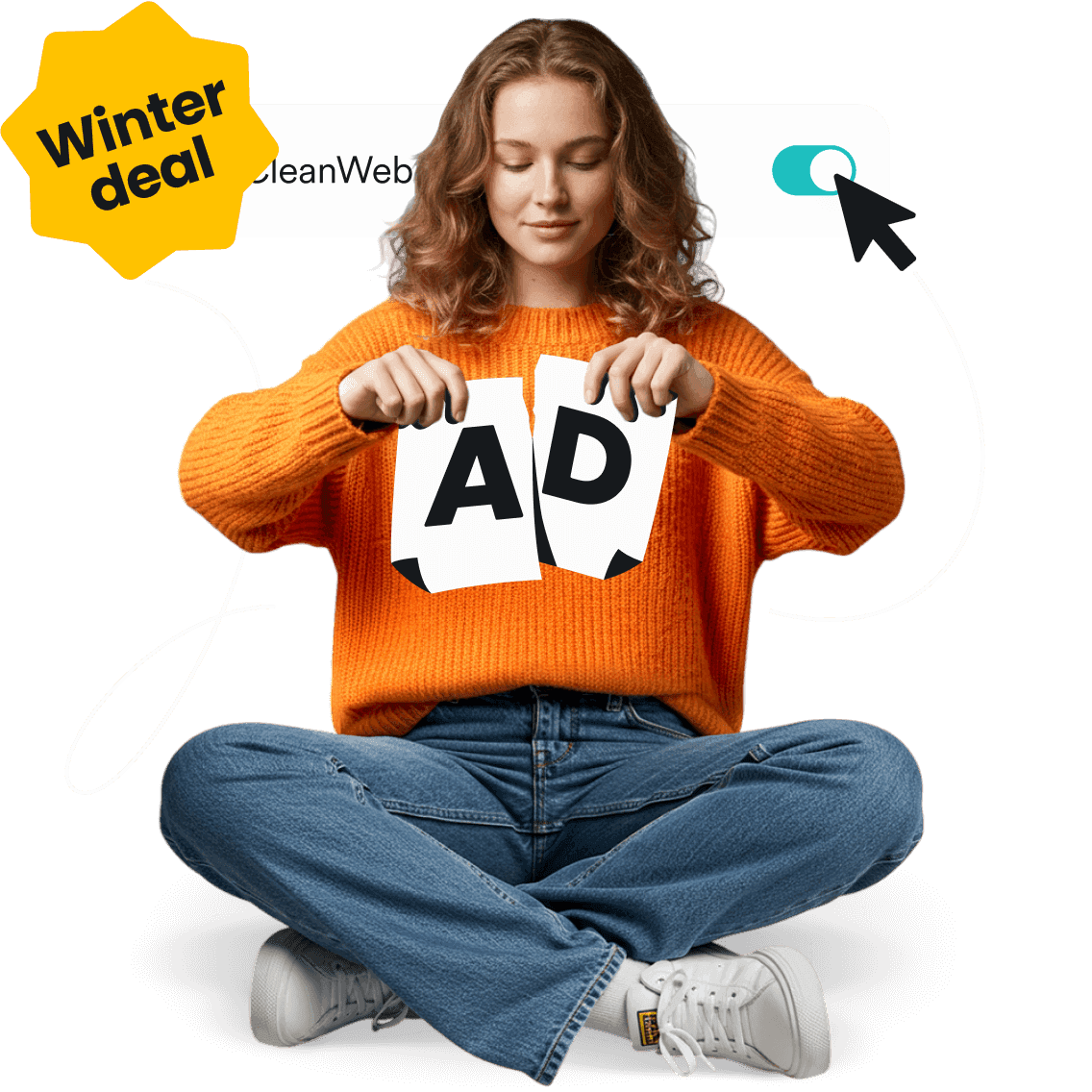 A young woman sitting cross legged, tearing a page with AD on it, and Surfsharks Clean Web toggle turned on behind her.