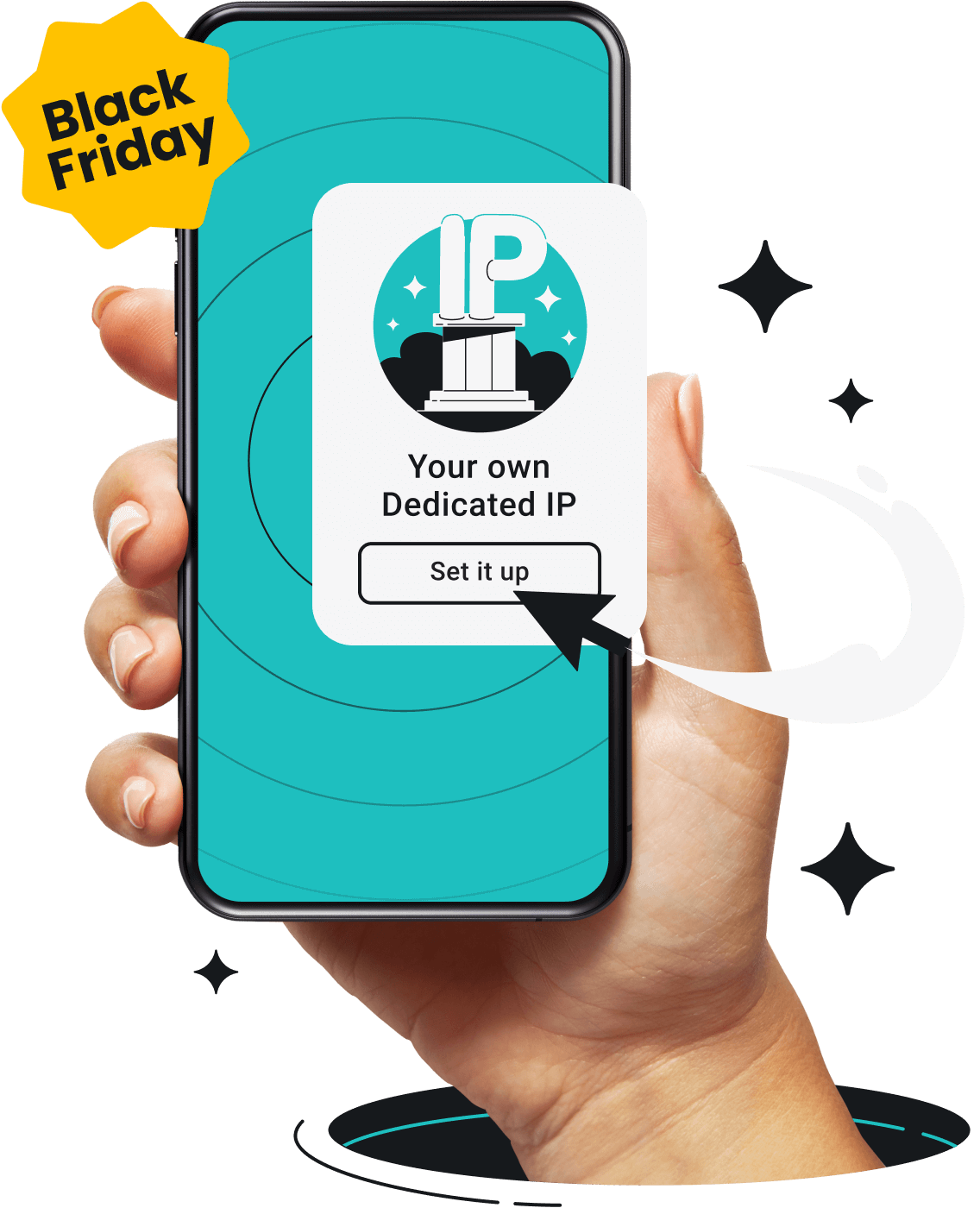 A hand is holding a phone with Dedicated IP on its screen.